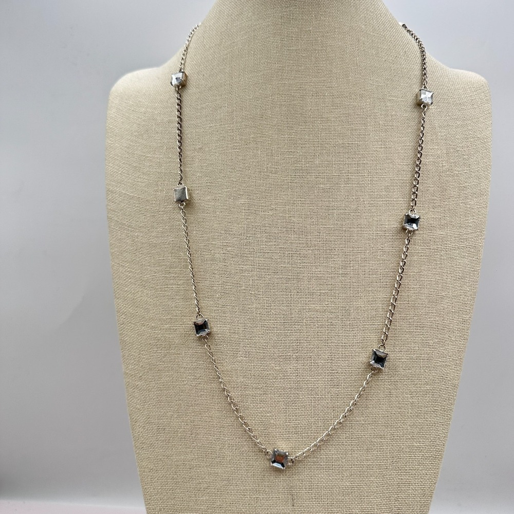 Vintage 80s Silver Tone Blue Topaz Chain Necklace Jewelry Y2K
